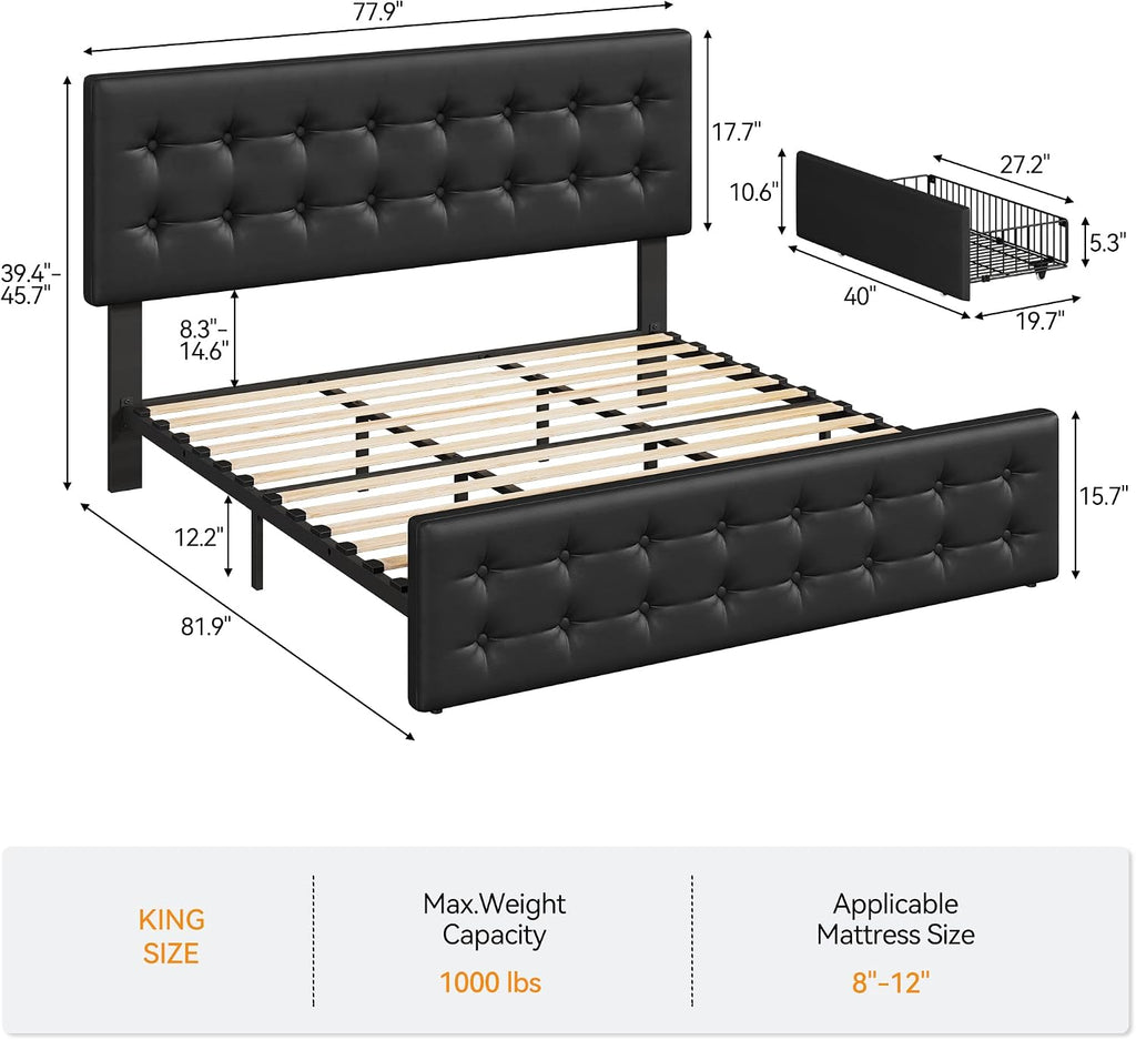 GAOMON King Size Bed Frame with 4 Drawers and Adjustable Headboard, PU Leather Upholstered Platform Bed with Button Tufted Design, No Box Spring Needed, Strong Wooden Slats, Black
