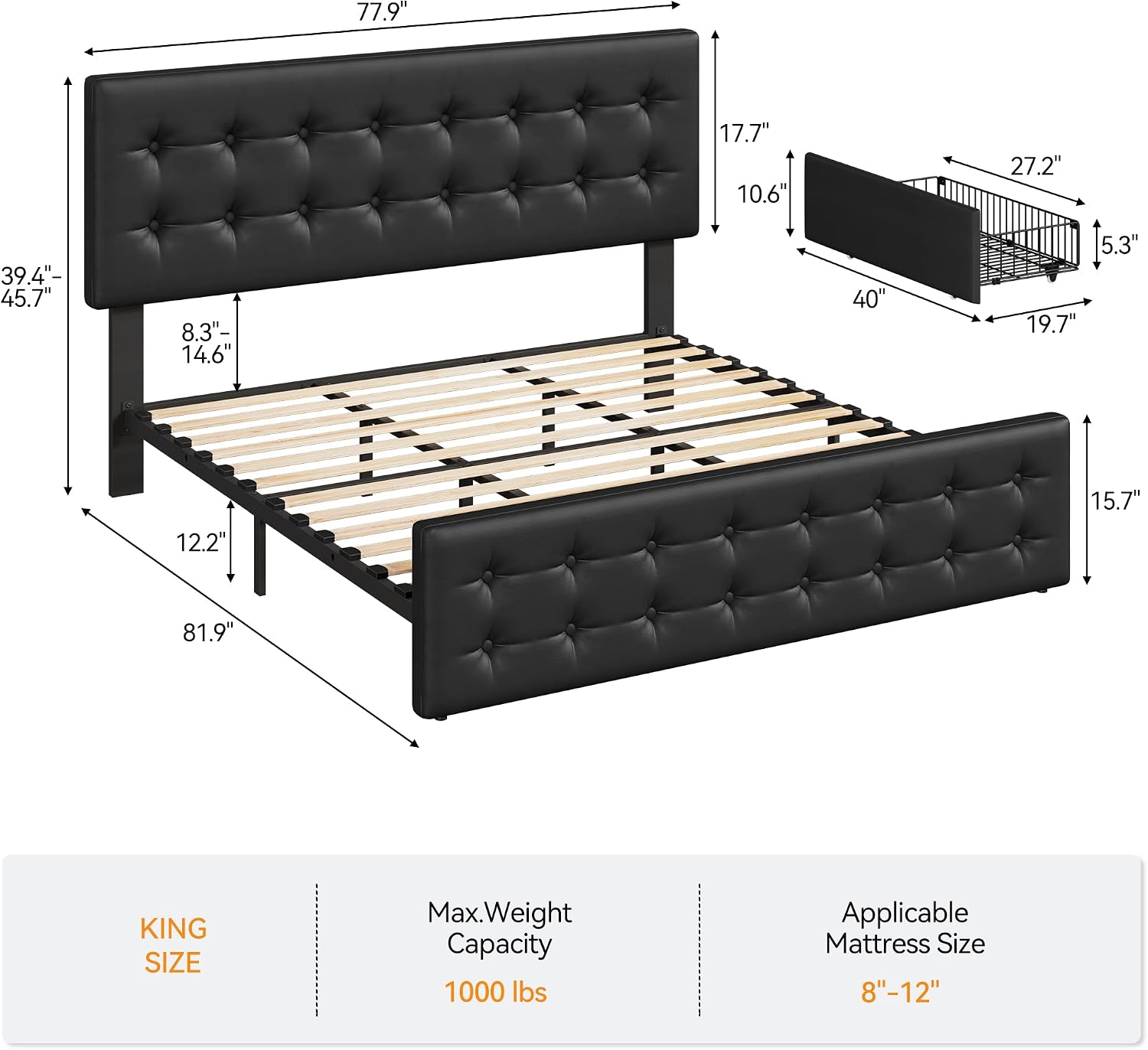 GAOMON King Size Bed Frame with 4 Drawers and Adjustable Headboard, PU Leather Upholstered Platform Bed with Button Tufted Design, No Box Spring Needed, Strong Wooden Slats, Black