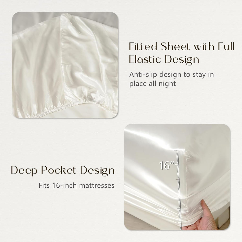 ZIMASILK 100% 19 Momme Mulberry Silk Fitted Sheet, Seamless with Deep Pocket, Soft, Silky & Hypoallergenic for Luxury Sleep (Queen 60''x80''+16', Ivory)