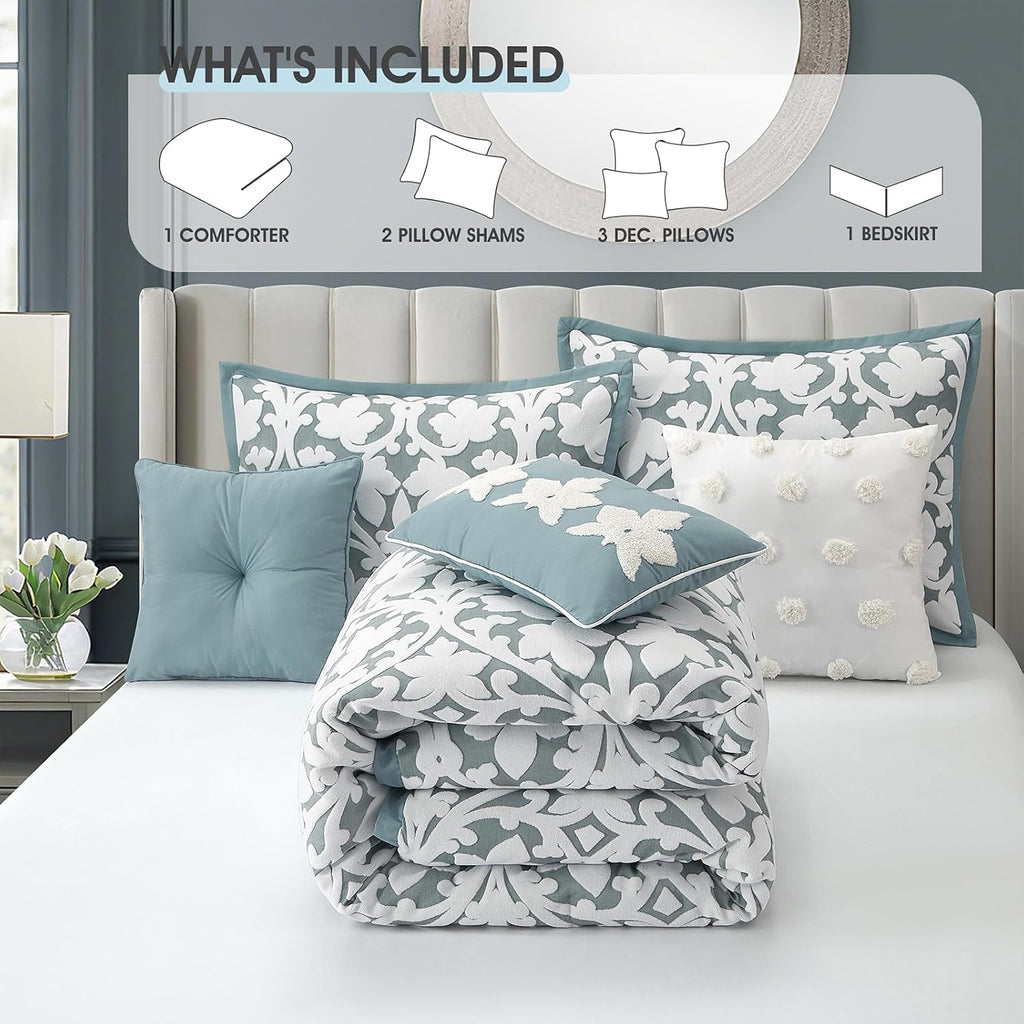 LANCO MODERN LIFESTYLE 7 Pieces Comforter Set, California King, Blue, Jacquard Floral Pattern and Classy Damask Medallion Design, Ultra Soft, Includes Bed Skirt, Shams and Decorative Pillows