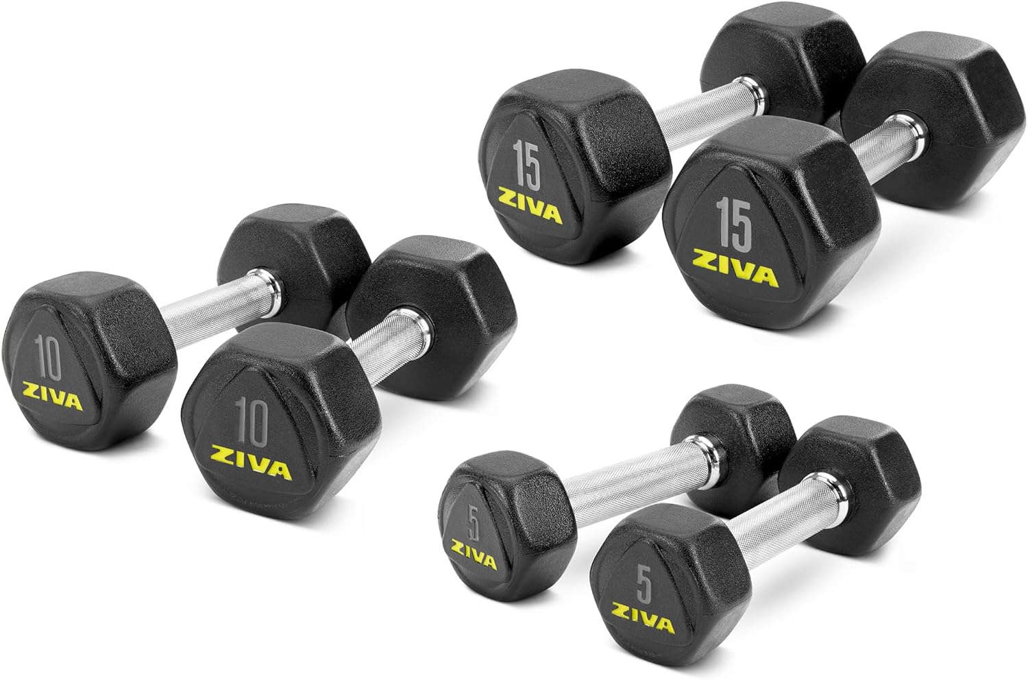 ZIVA Premium Hex Dumbbells – Commercial Grade Rubber Urethane Coated Free Weights for Strength Training, Weightlifting, Home Gym – Durable Steel Core – Sold in Pairs and Sets