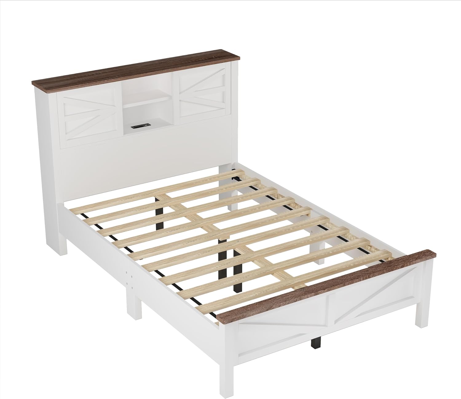 SOFTSEA 3-Piece Farmhouse Bed Frame Set with Charging Station, Full Size Platform Bed with Storage Headboard, Storage Nightstand and Dresser, Wood Bedroom Furniture Set, White+Brown