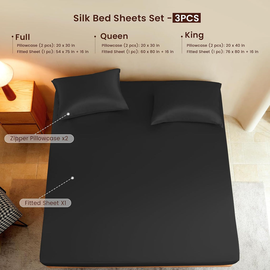THXSILK Luxury Mulberry Silk Fitted Sheet Set 3 Pcs, King Silk Bed Sheet Set with 16' Deep Pockets, Soft & Cooling Sheets, 1 Fitted Sheet, 2 Pillowcases with Zipper Closure - Black