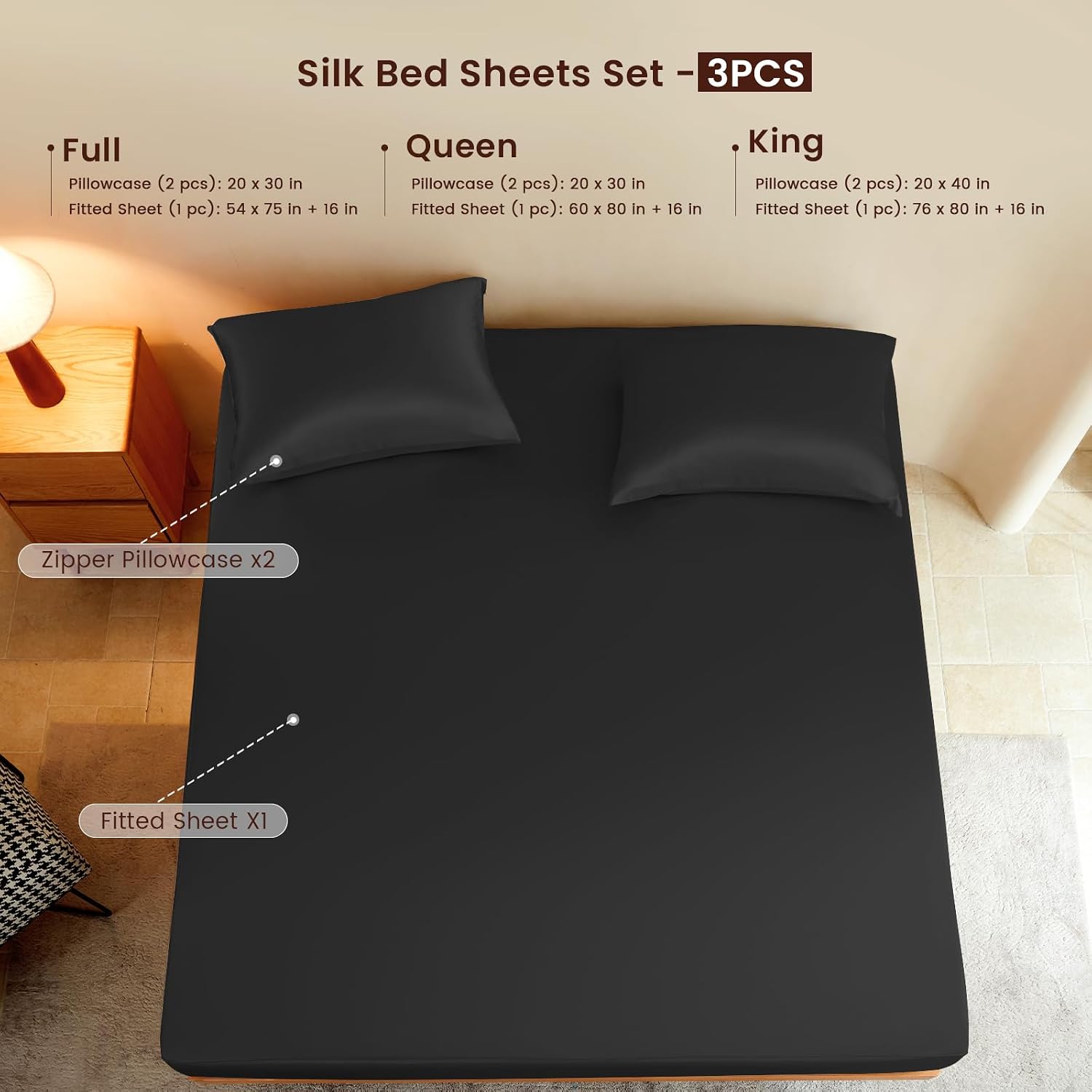 THXSILK Luxury Mulberry Silk Fitted Sheet Set 3 Pcs, King Silk Bed Sheet Set with 16' Deep Pockets, Soft & Cooling Sheets, 1 Fitted Sheet, 2 Pillowcases with Zipper Closure - Black