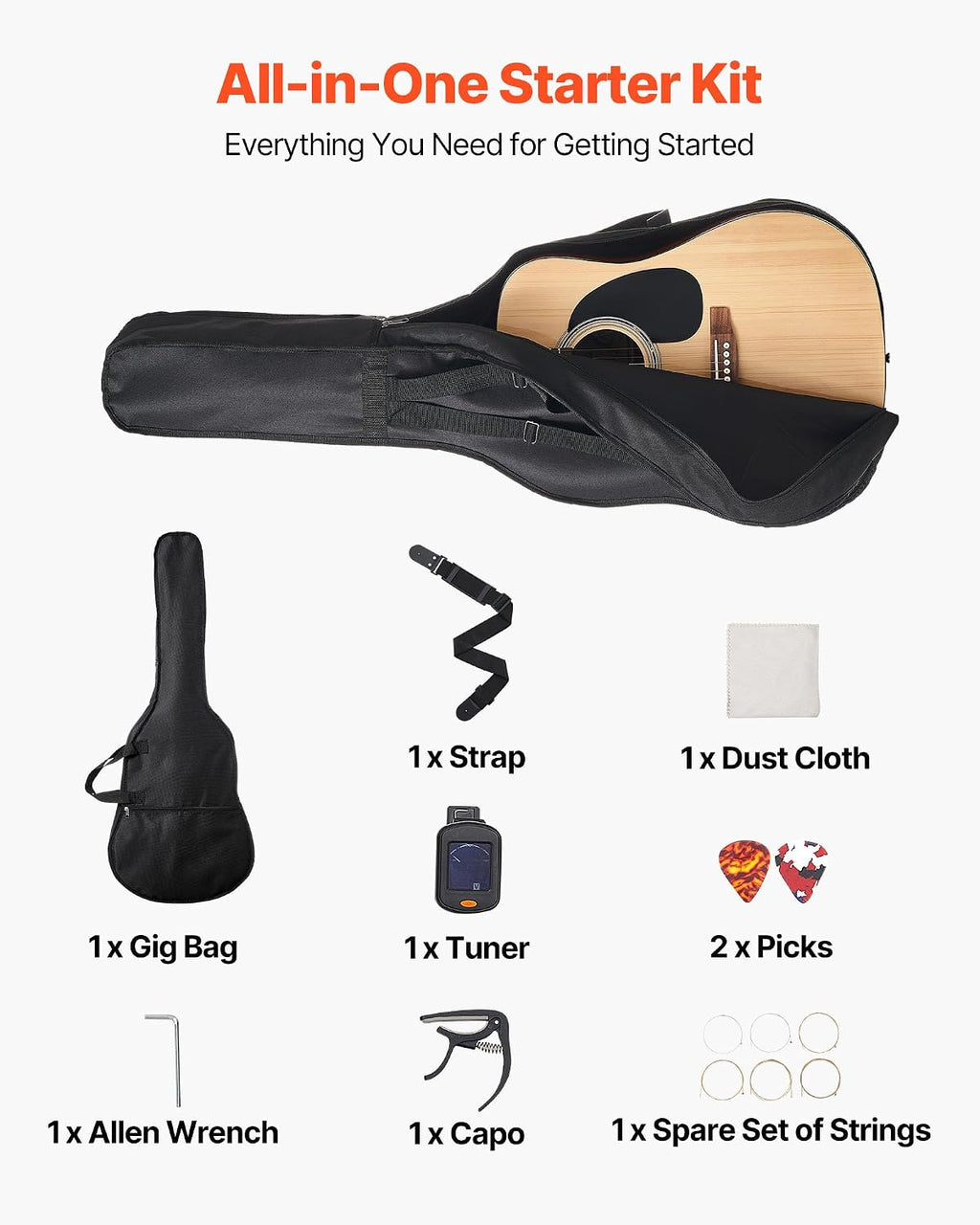 VEVOR Dreadnought Acoustic Guitar, 41 in, 6-String Natural Solid Spruce Top Guitar, Beginner Bundle with Gig Bag, Tuner, Strap, Strings, Picks, Capo, Rosewood Fingerboard, for Adults Taller Players
