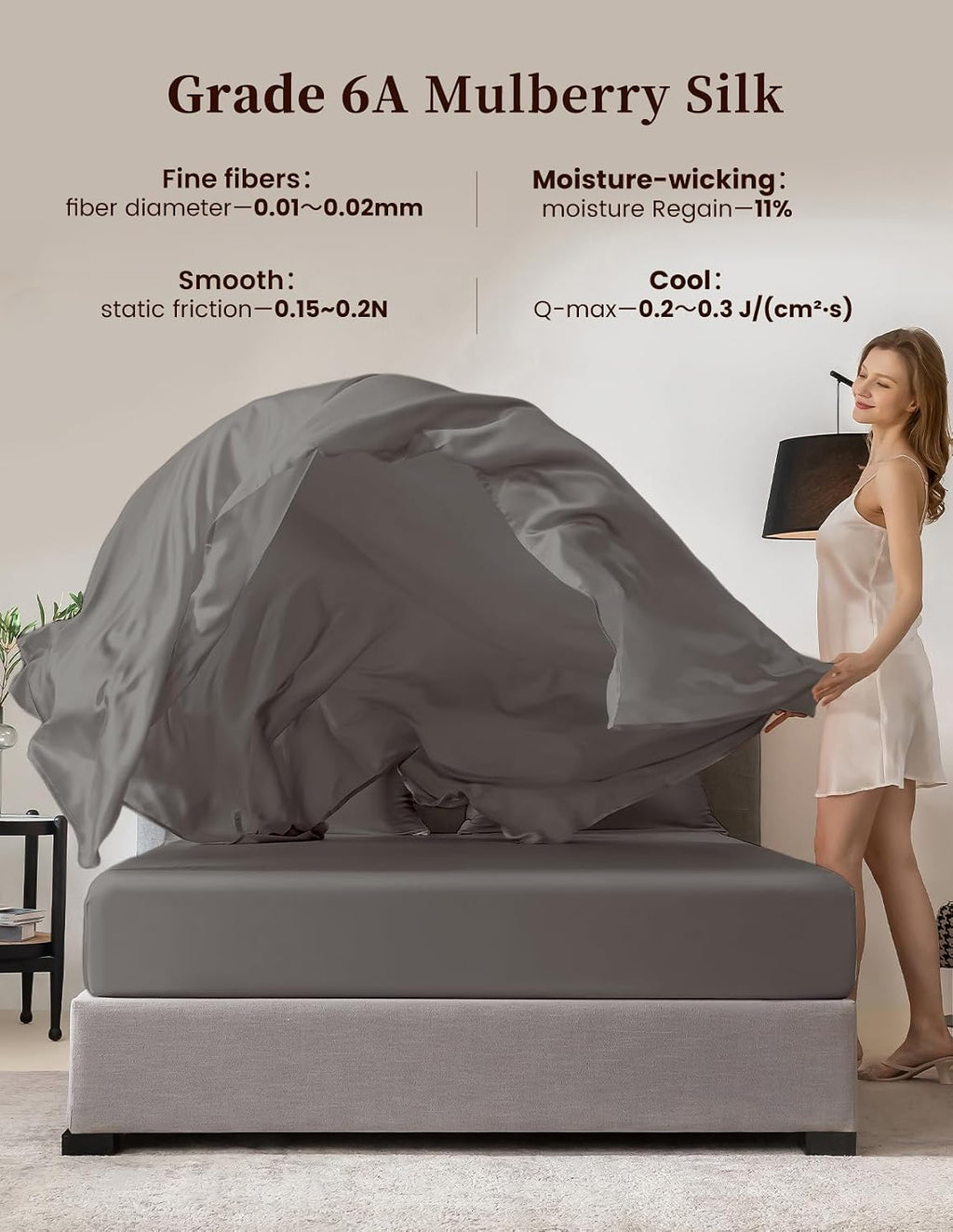 THXSILK 100% Mulberry Silk Bed Sheets Set - 4pcs Pure Silk Sheets Set - Flat Sheet, 16' Deep Pocket Fitted Sheet, 2 Pack Silk Pillowcase with Zipper Closure - Twin Size, Dark Grey