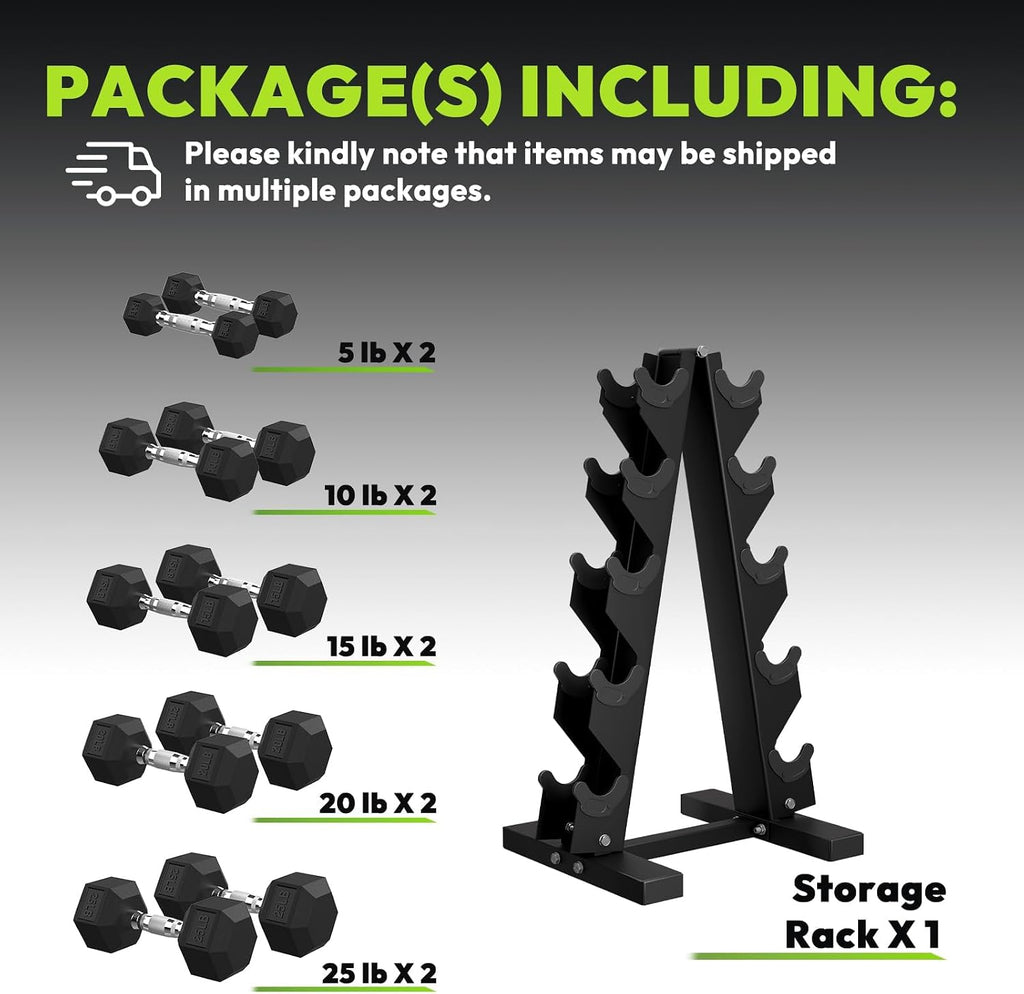 HANDBODE Rubber Coated Hex Dumbbell Set with A-Frame Rack, 100 lb - 550 lb Multiple Options Weight, Hexagon Non-Rolling Shape, Ergonomic Knurled Handle, Home Gym Equipment for Strength Training