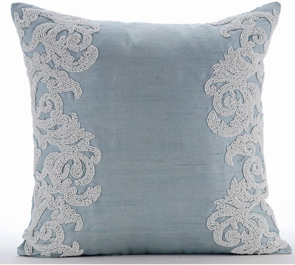 HomeCentric French Toile Pillow Shams Pack of 2 - 24x24 inch (60x60 cm) Square Silk Shams - Baroque Beaded Theme - Light Blue - Victorian - White Waters