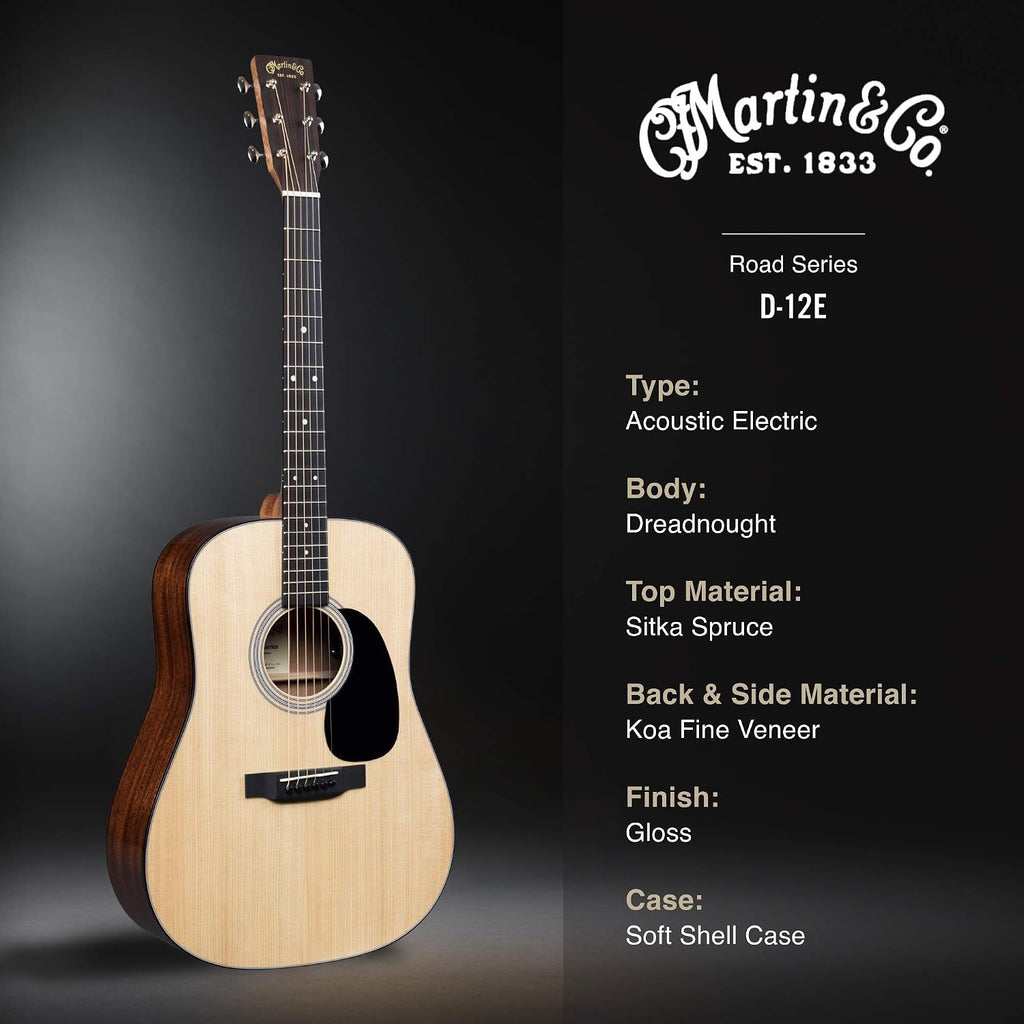 Martin Guitar Road Series D-12E Acoustic-Electric Guitar with Gig Bag, Sitka Spruce and Koa Fine Veneer Construction, D-14 Fret and Performing Artist Neck Shape with High-Performance Taper