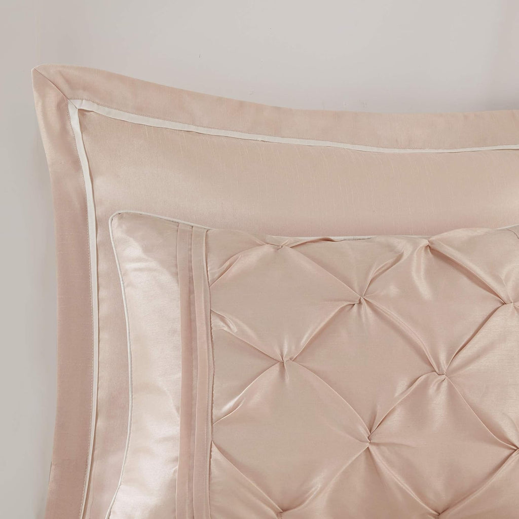 Madison Park Essentials Room in a Bag Faux Silk Comforter Set-Luxe Diamond Tufting All Season Bedding, Matching Curtains, Decorative Pillows, Cal King(104'x92'), Blush 24 Piece (MPE10-811)