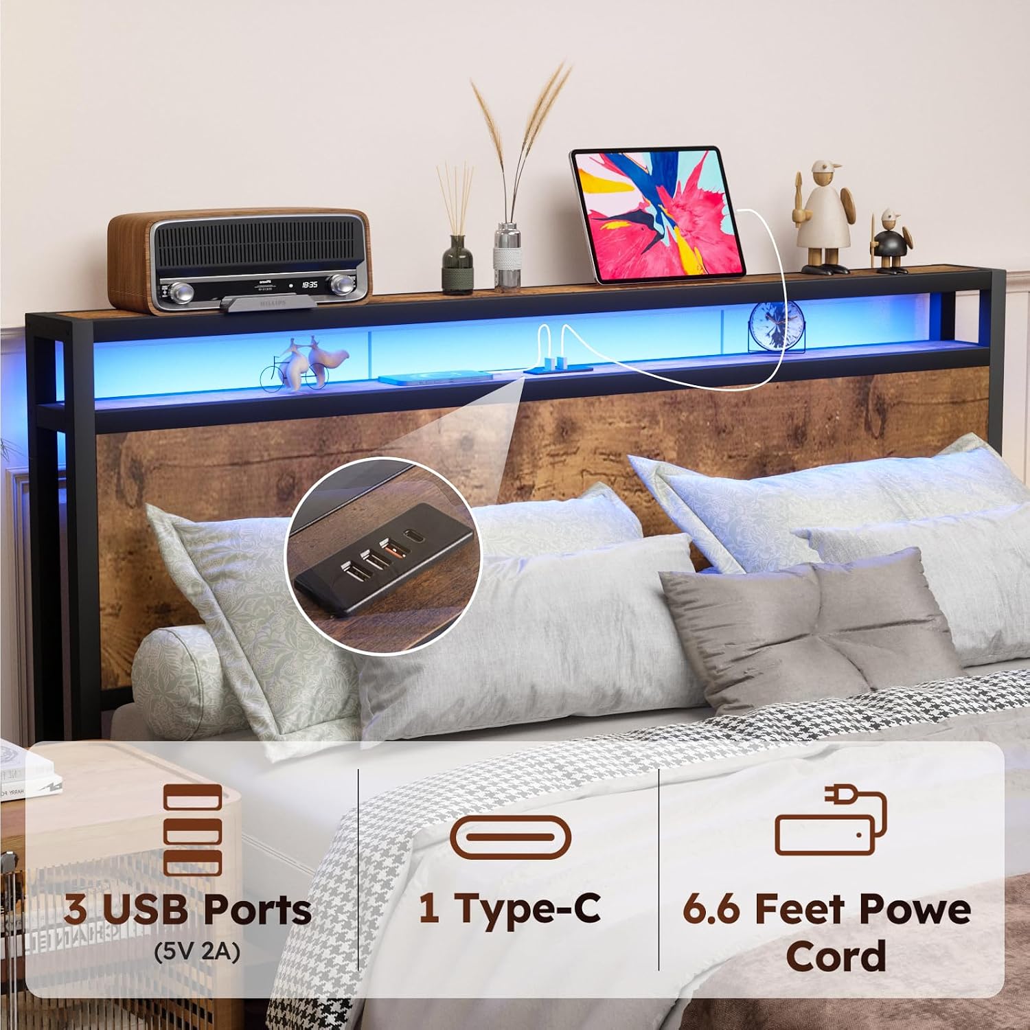 Kiivakii Full Size Bed Frame with 2 Drawers, LED Heavy Duty Platform Bed with Headboard Storage, Built in USB Ports, Noise-Free No Box Spring Needed, Rustic Brown