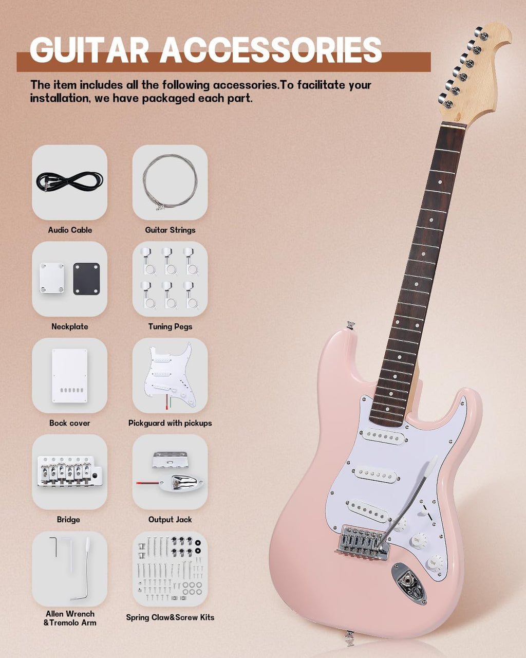 Leo Jaymz DIY ST Style Electric Guitar Kits,Spray-painted Mahogany Body,Laurel Wood Fingerboard and Maple Neck, including all Components (ST-Light Pink)