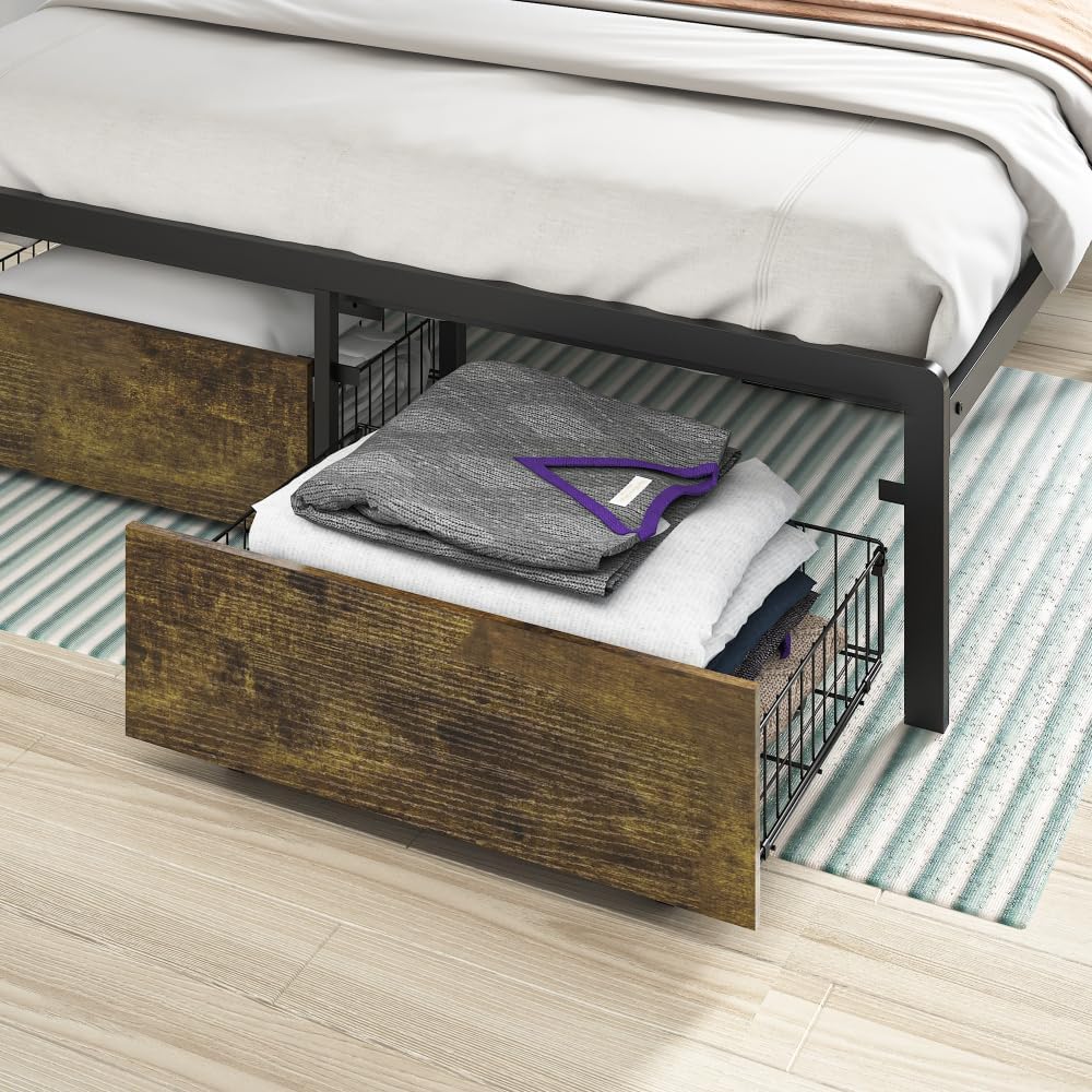Queen Bed Frame with LED Lights and Charging Station - Robust Metal Wood Construction, Rustic Wood Platform Bed Frame with 2 Drawers, No Box Spring Needed, Noise Free, Vintage Brown, Easy Assemble