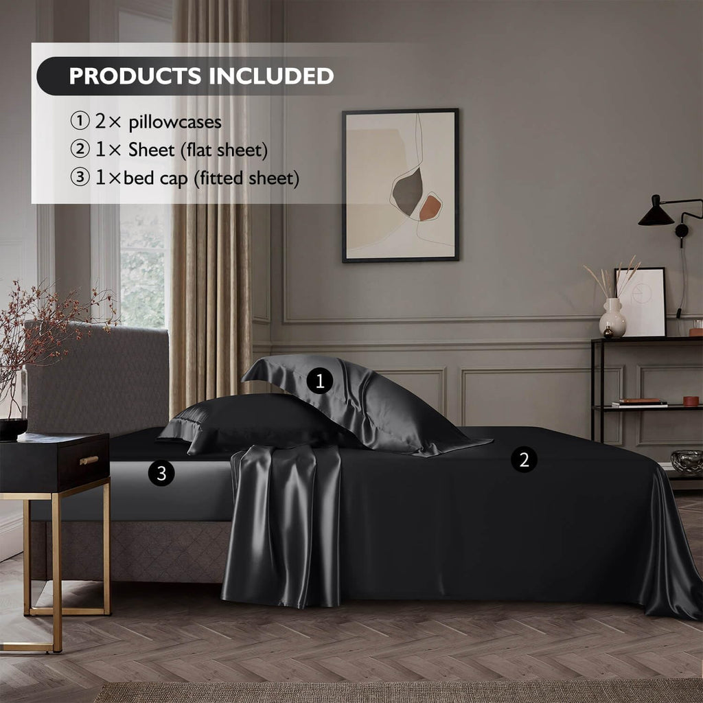 DISANGNI 22 Momme 100% Mulberry Silk Bedding Set - 4-Piece Luxury (2 Pillowcases, 1 Fitted Sheet, 1 Flat Sheet) - 6A Grade Natural Silk (Black, Queen)