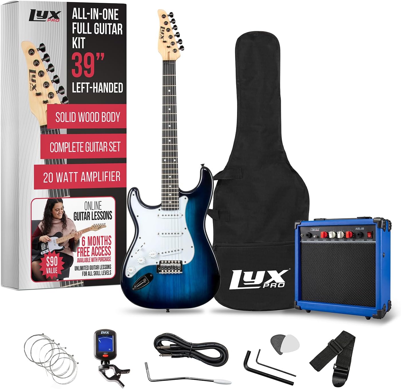 LyxPro Left Hand 39 Inch Electric Guitar and Starter Kit for Lefty Full Size Beginner's Guitar, Amp, Six Strings, Two Picks, Shoulder Strap, Digital Clip On Tuner, Cable and Soft Case - Blue