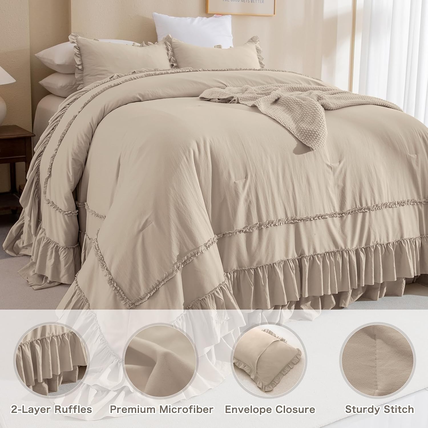 Masaca Ruffled Oversized King Comforter 120x98,Farmhouse Shabby Boho Chic Ruffle California King Comforter Set 3 Pieces French Country Vintage Rustic Bedding for All Season