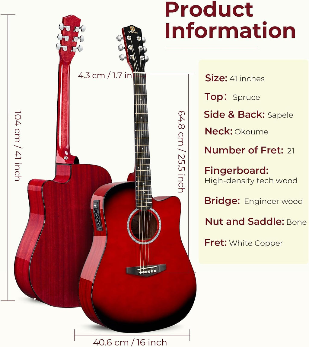 Vangoa Electric Acoustic Guitar Kit for Beginners Adults 41 inch Full Size Cutaway Electric Acoustic Guitar Bundle Set with Built-in Pickups Bag Tuner Strap Capo Picks Cable, Glossy Red