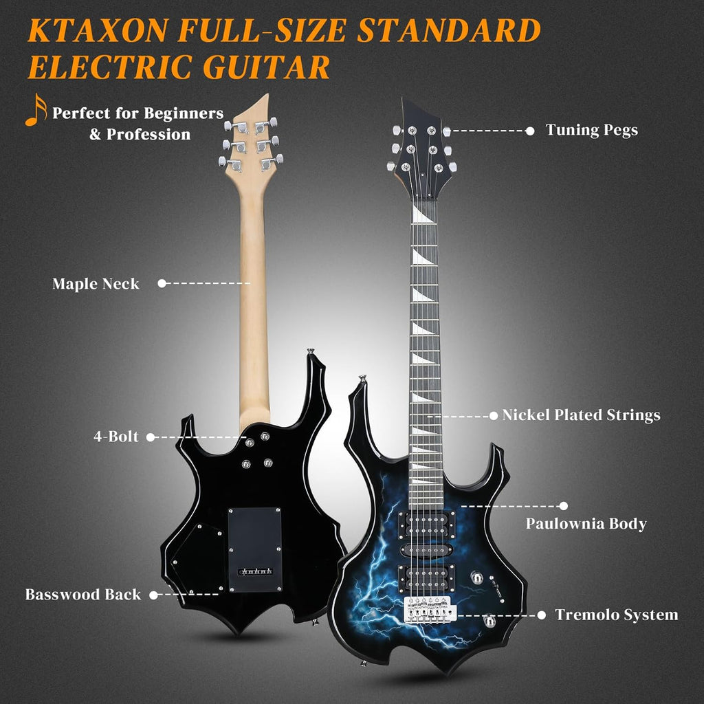 Ktaxon Burning Fire Design Electric Guitar Kit, 39-inch HSH Pickup Electric Guitar Beginner Guitar Set with Amplifier, Rosewood Fingerboard, 5-Ways Pickup Switch (Lightning Black)