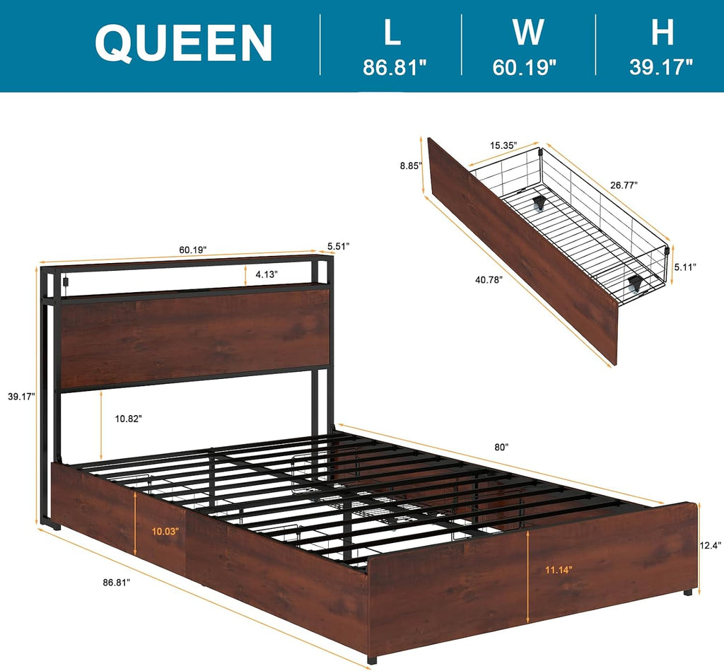 Kiivakii Queen Size Bed Frame with 4 Storage Drawers, LED Platform Bed with Headboard, Built in Charging Station, Noise-Free, Metal Support Base, No Box Spring Needed, Red Brown