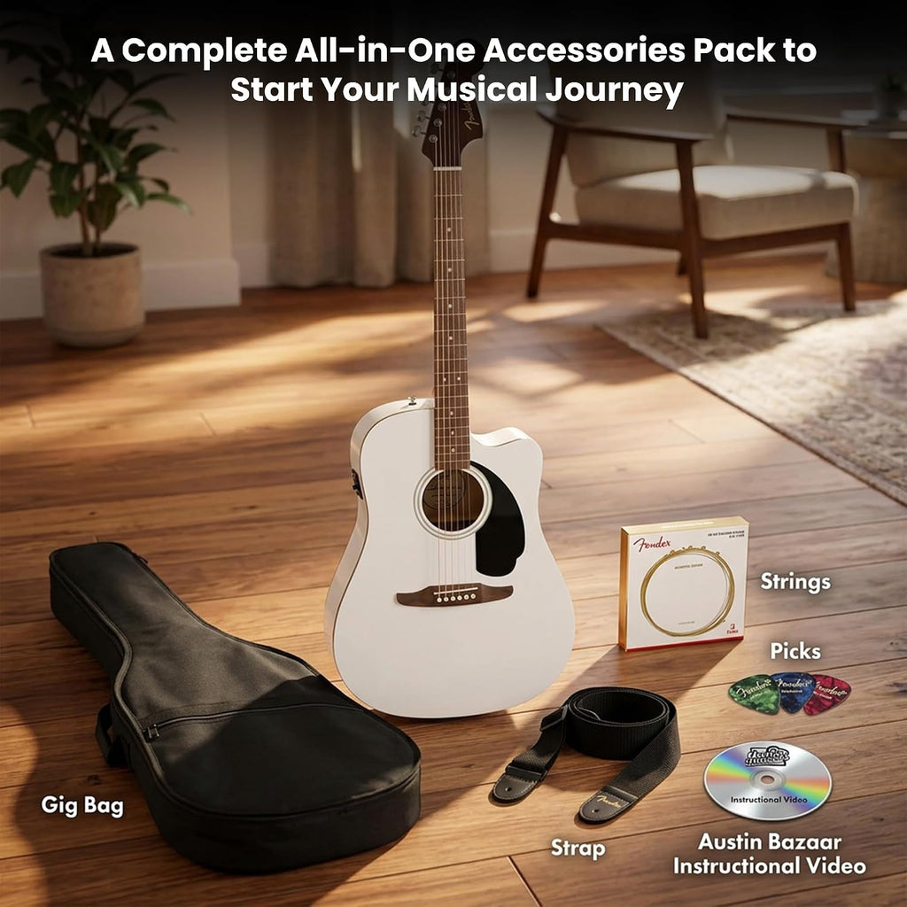 Fender California Redondo CE Acoustic-Electric Guitar - White Bundle with Gig Bag, Strap, Strings, Picks, and Austin Bazaar Instructional Video