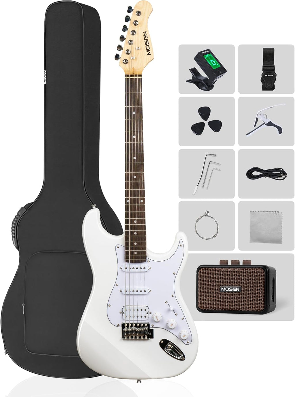 MOSEN Beginner Electric Guitar 39 inch Solid Body, HSS Pickup with Coil Split, Full Size Guitar Starter Set w/Amp, Gig Bag, Tuner, Capo, Cable, All Accessories,MS-SS60-White
