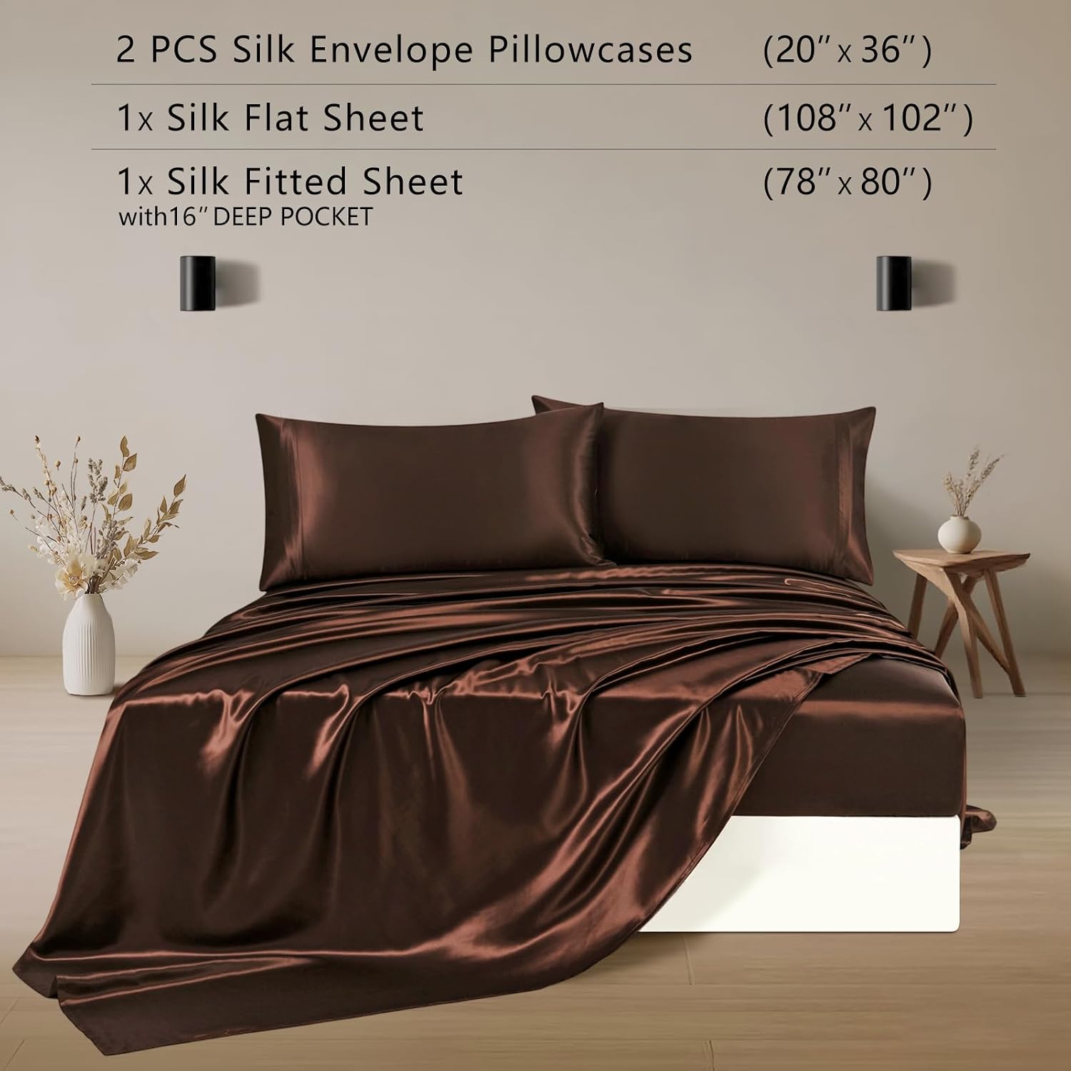 ZIMASILK 100% 19 Momme Mulberry Silk Bedding Set - Queen Size 4-Pieces - Soft, Silky & Hypoallergenic for Luxury Sleep, Good for Hair & Skin (King, Chocolate)