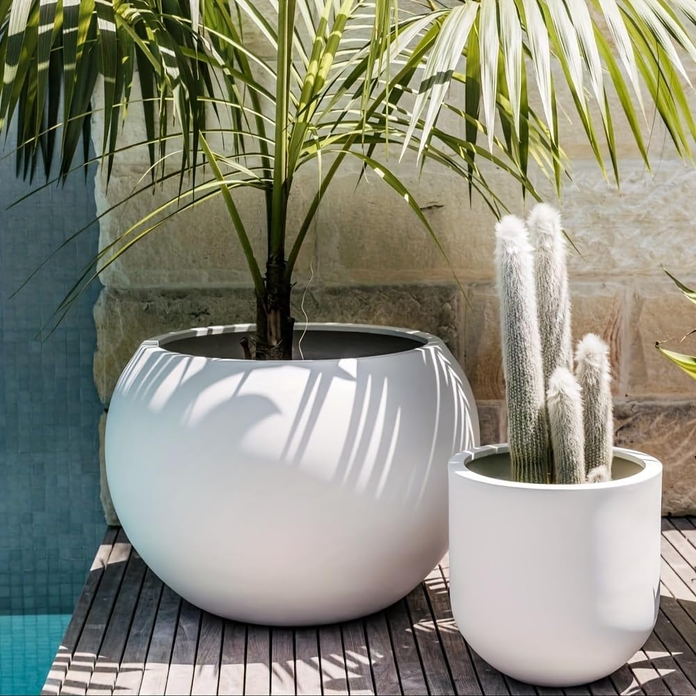 Panlaolao 17 H x 21' Dia (15' Pot Opening) Round Fiberstone Planter with Drainage Hole, White, Indoor/Outdoor Large Plant Pot for Home Patio Garden, Ideal for Large Plants
