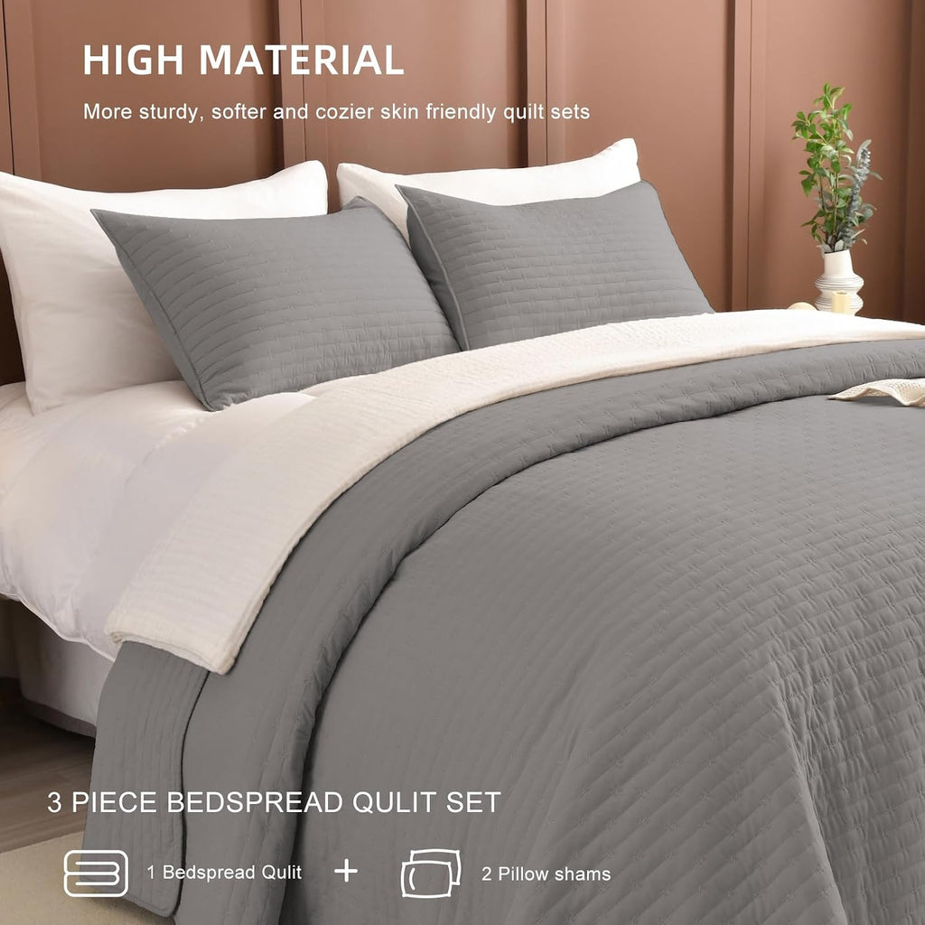 Lady Ann Gray Oversized King Bedspread 128x120, 3Pcs Extra Large Farmhouse Lightweight King Quilt Bedding Set Soft Quilted Bedspreads Thin Comforter for All Season