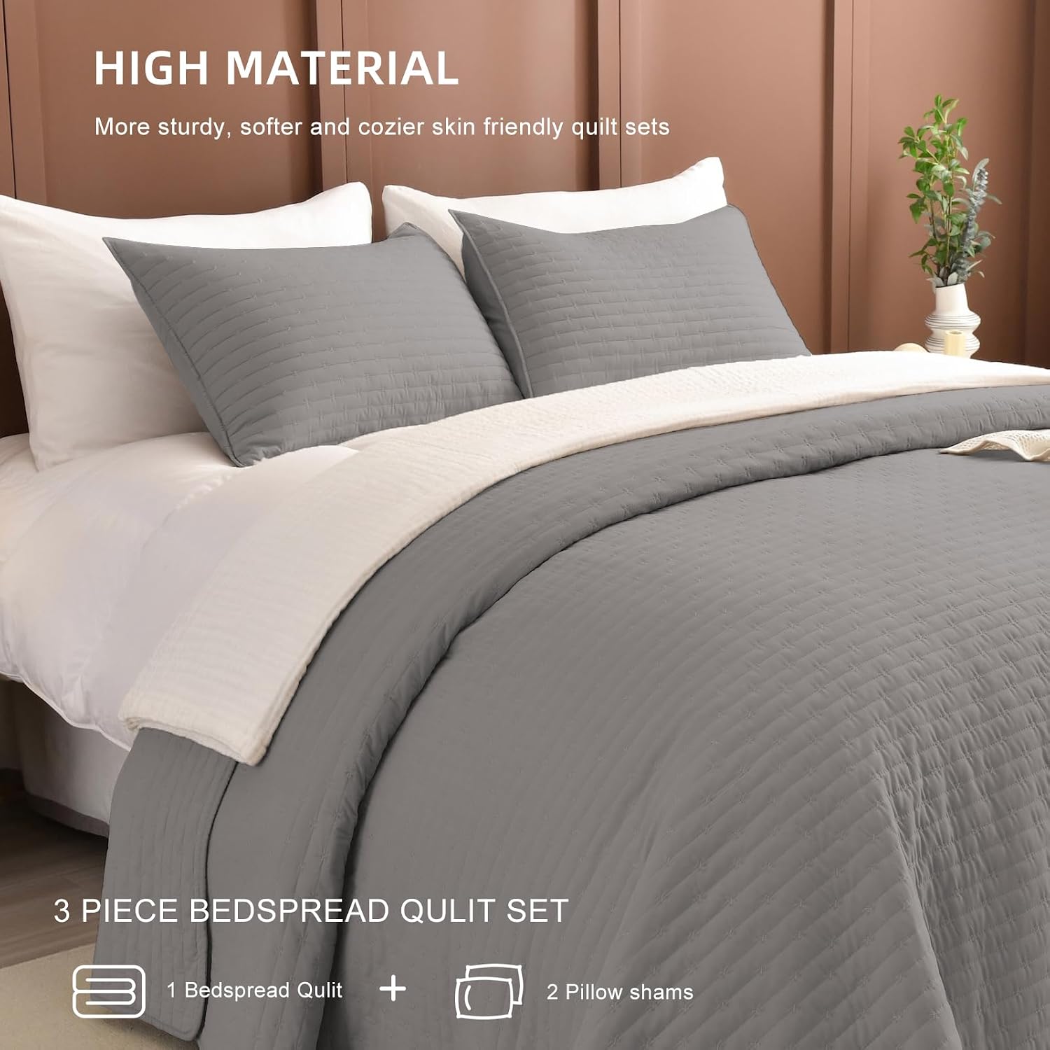 Lady Ann Gray Oversized King Bedspread 128x120, 3Pcs Extra Large Farmhouse Lightweight King Quilt Bedding Set Soft Quilted Bedspreads Thin Comforter for All Season