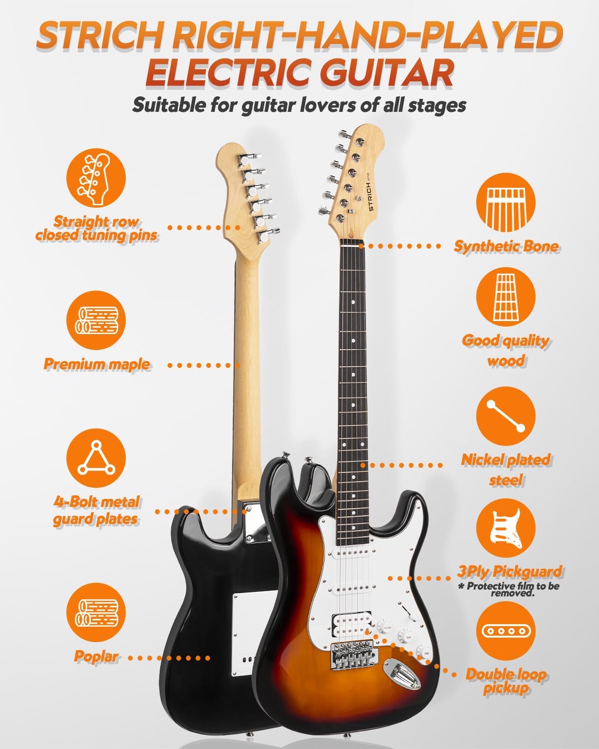 STRICH Electric Guitar Beginner Kit, Solid Body 39' Full Size Electric Guitar HSS Pick Up for Starter, with 10W Amp, Bag, Digital Tuner, Capo, Strap, String,Cable, Picks, SST-S20 Sunburst