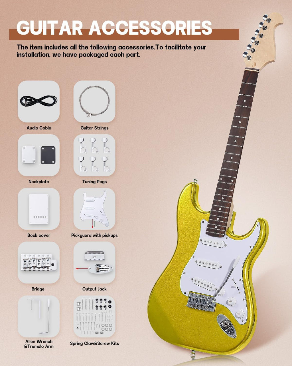 Leo Jaymz DIY ST Style Electric Guitar Kits,Spray-painted Mahogany Body,Laurel Wood Fingerboard and Maple Neck, including all Components (ST Gold)