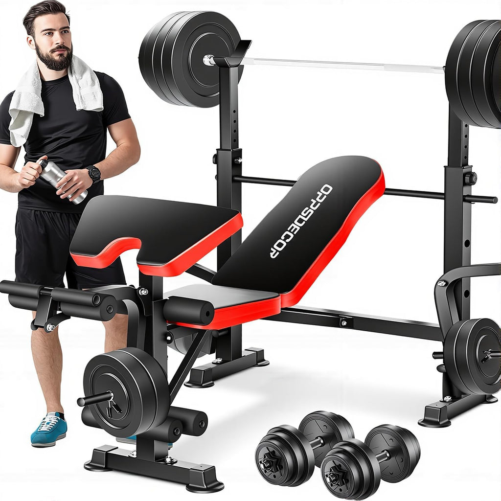 OPPSDECOR 6 in 1 900LBS Weight Bench with Leg Extension and Leg Curl, Foldable Bench Press Set and Squat Barbell Rack with Preacher Curl, Adjustable Workout Bench for Home Gym Strength Training PXZXYX1
