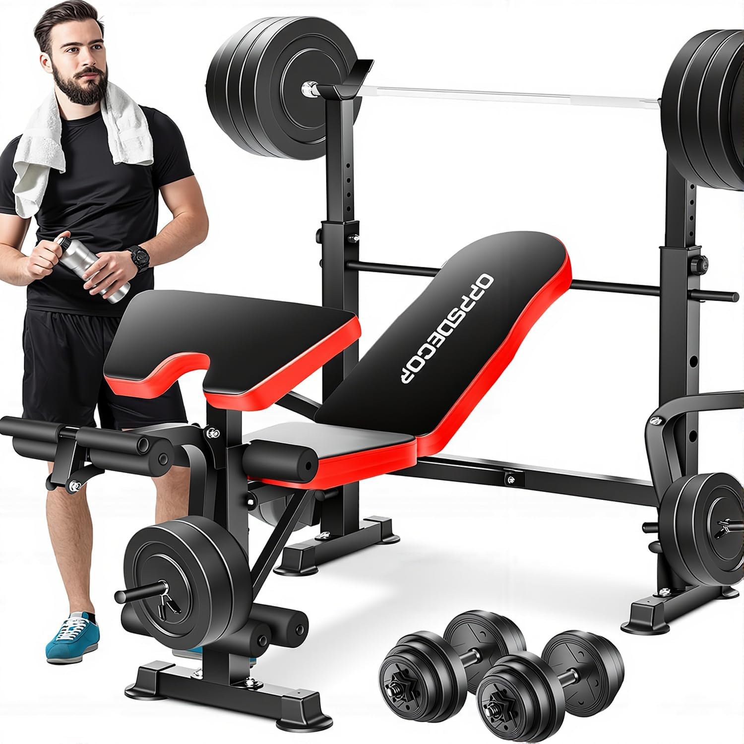 OPPSDECOR 6 in 1 900LBS Weight Bench with Leg Extension and Leg Curl, Foldable Bench Press Set and Squat Barbell Rack with Preacher Curl, Adjustable Workout Bench for Home Gym Strength Training PXZXYX1