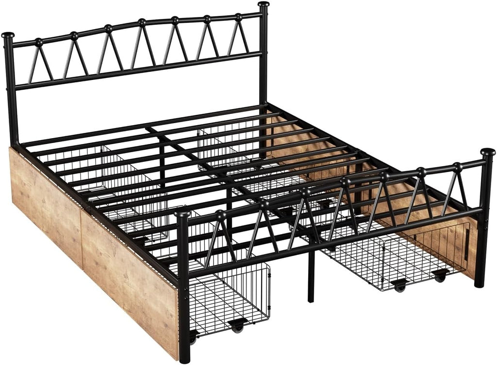 VECELO Queen Bed Frame with 4 Large Drawers,Queen Size Metal Platform Bed Frames with Headboard/Mattress Foundation/No Box Spring Needed