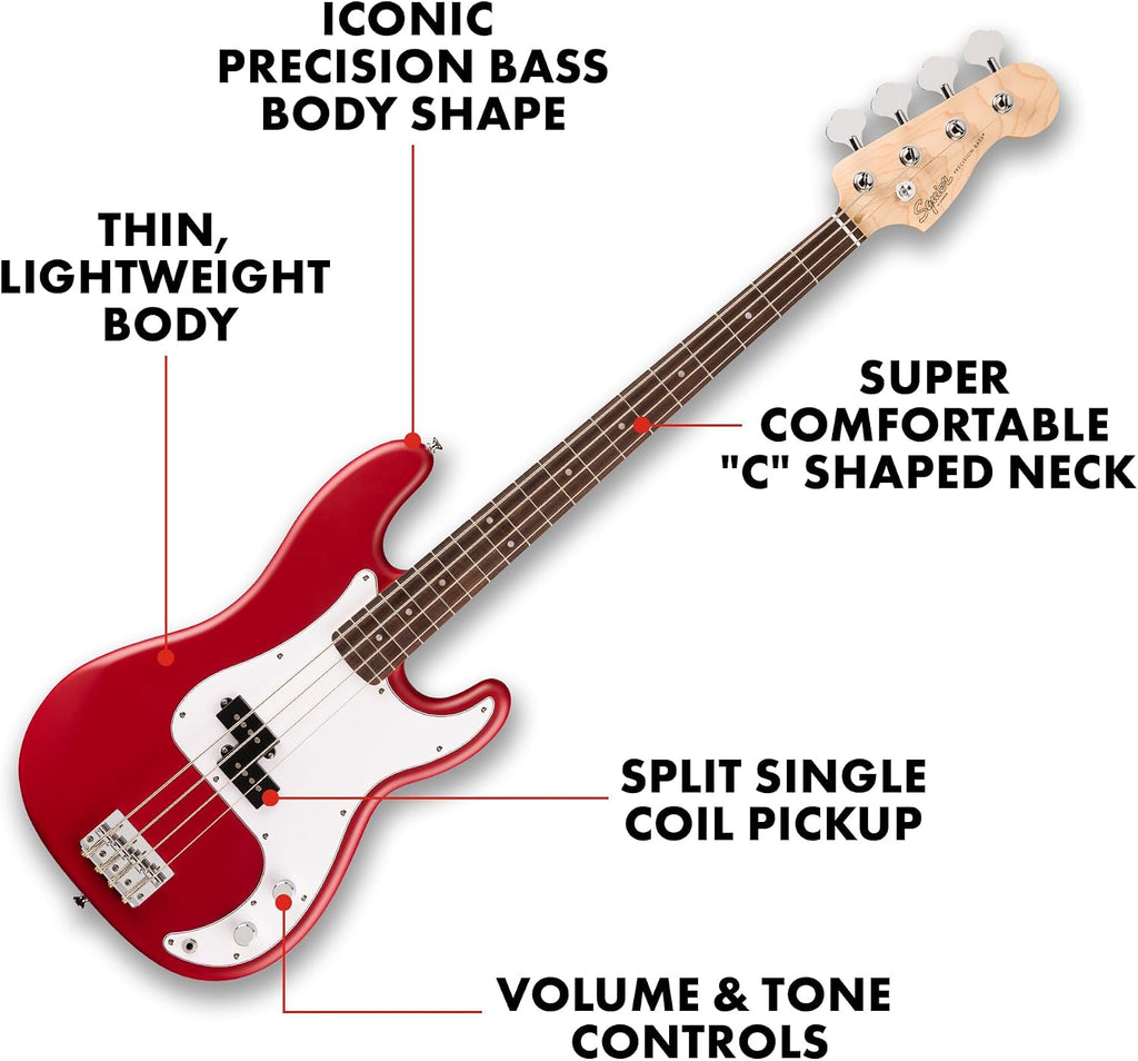 Fender Squier Debut Series Precision Bass Guitar, Beginner Guitar, with 2-Year Warranty, Includes Free Lessons, Dakota Red with Matte Finish