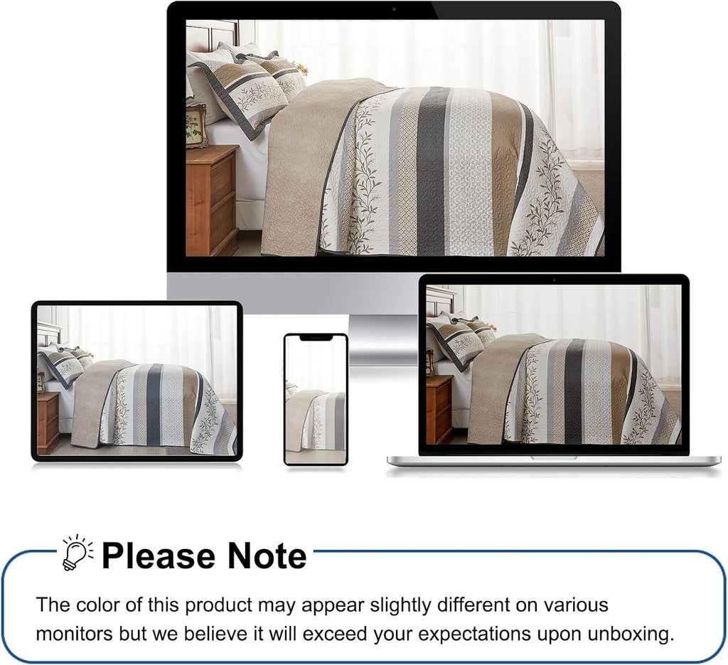 Farmhouse Oversized King Bedspread 128'x120' - 100% Cotton Lightweight California King Quilt Set, Reversible Botanical Striped Pattern Extra Wide Quilted Bedding Coverlet, 3 Pcs, Khaki/Gray