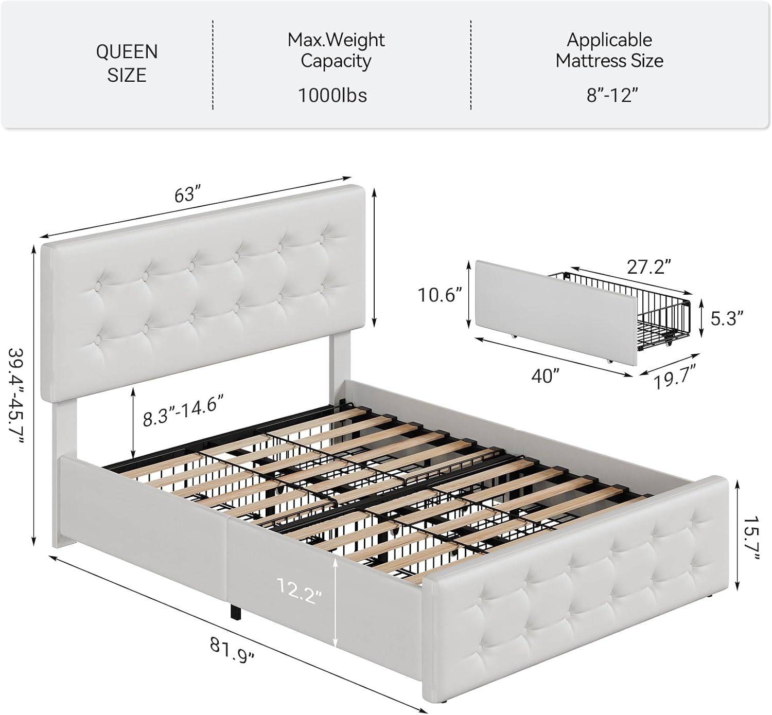 Queen Size Platform Bed Frame with 4 Storage Drawers & Headboard, Faux Leather Upholstered, Button Tufted Design, Wooden Slats Support, Noise-Free Mattress Foundation, No Box Spring Needed, Beige
