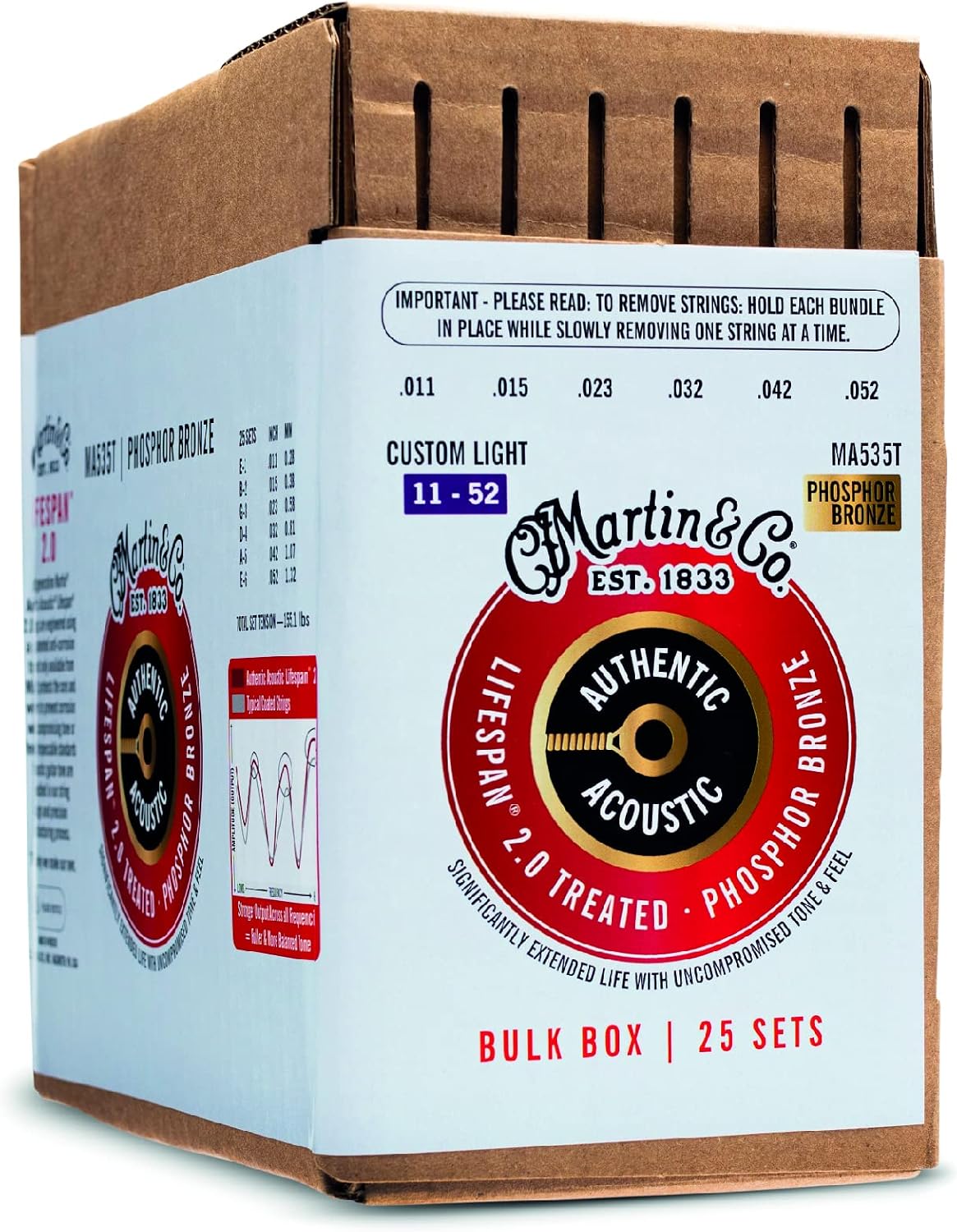 Martin Authentic Acoustic® Lifespan® 2.0 Guitar Strings – Phosphor Bronze, Custom Light Gauge, Bulk Box (25 Sets) |Bulk Box for Acoustic Guitar Players, Techs & Repair Shops