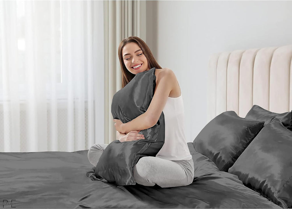 6 Piece Mulberry Silk Sheet Set Queen Size (60x80)+ Upto 16 Inch Deep Pocket Dark Grey Color Smooth Soft and Silk Bed Sheets Queen Size Bedding Set