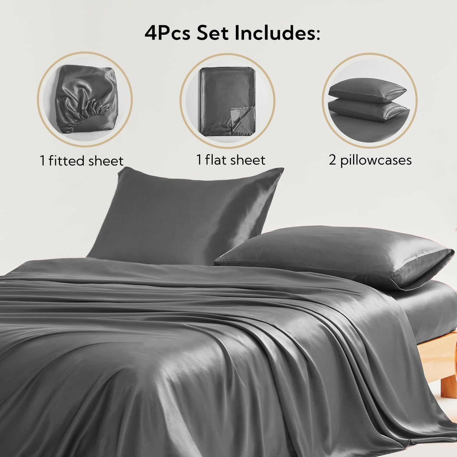 4 Pieces Sheet Set, 100% Mulberry Silk Bed Sheets Fits 10-12' Deep Pocket, 22 Momme Twin Size 6A Luxury Silk Bedding Set with Flat Sheet, Fitted Sheet & 2 Pillowcases (Solid, Elephant Grey)