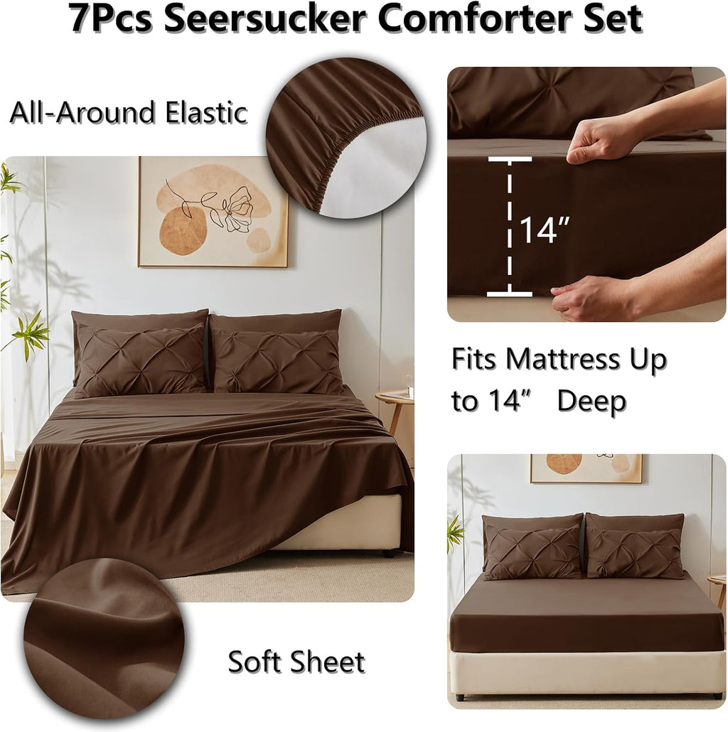 King Size Comforter Set 7 Pieces Bed in a Bag 100% Cotton Brown Comforter King Pintuck Bed Sets Pinch Pleat Bedding Sets Comforter, Flat Sheet, Fitted Sheet, Pillowcases & Shams