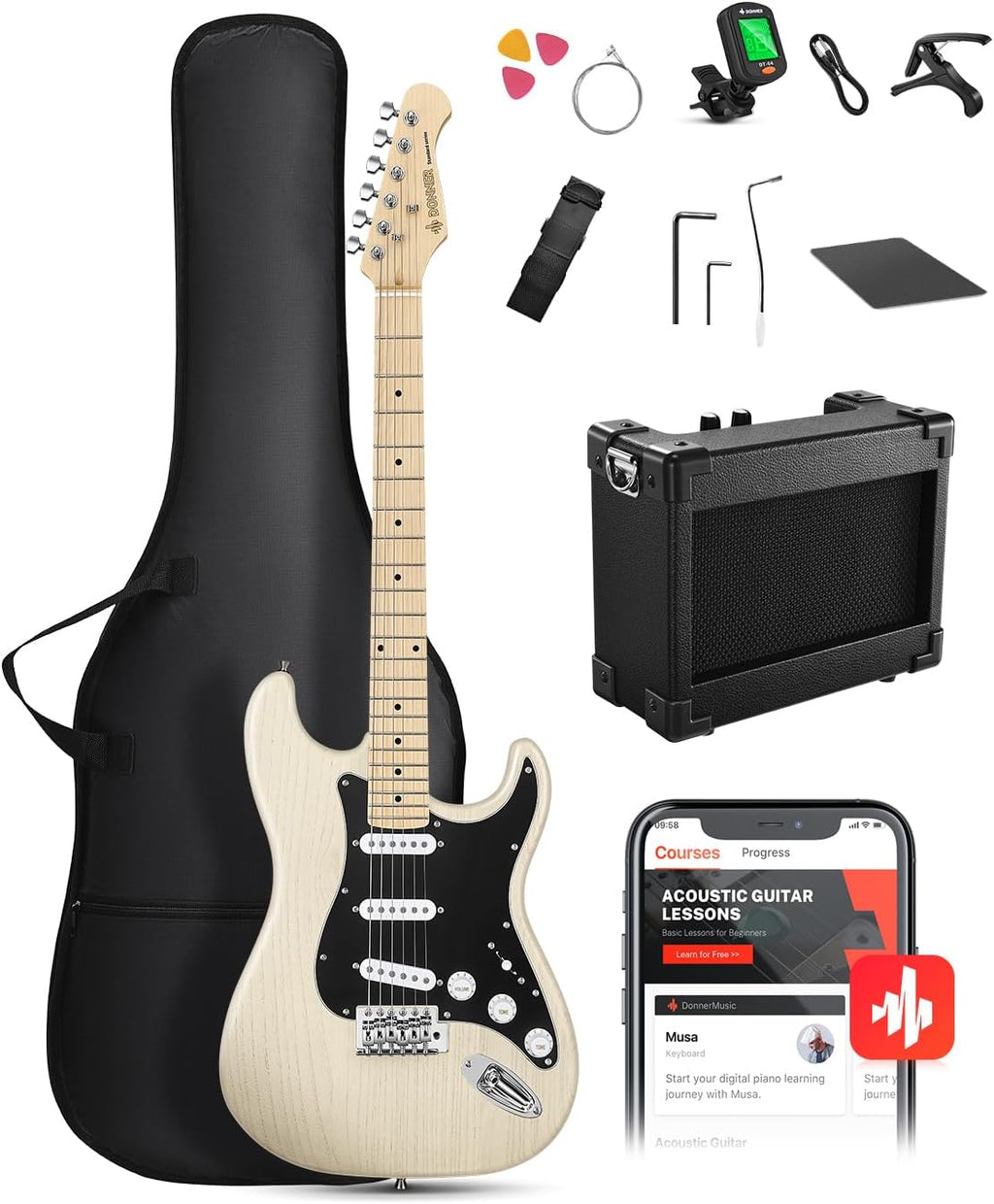 DONNER DST-80 Electric Guitar 39' Beginner Electric Guitar Kit with Amp, Classic SSS Pickup Complete with Gig Bag, Tuner, Capo, Strap, Picks, and Free Online Lessons, Bone White