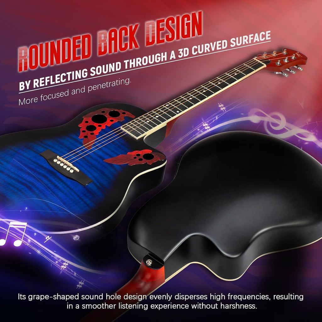 GLARRY 41in Acoustic Electric Guitar, Unique Round-back Design, 6 String Cutaway Guitar Beginner Kit with 15W Amp, EQ, Bag, Strap, Picks, Strings (Blue with AMP, Full-Right Handed)