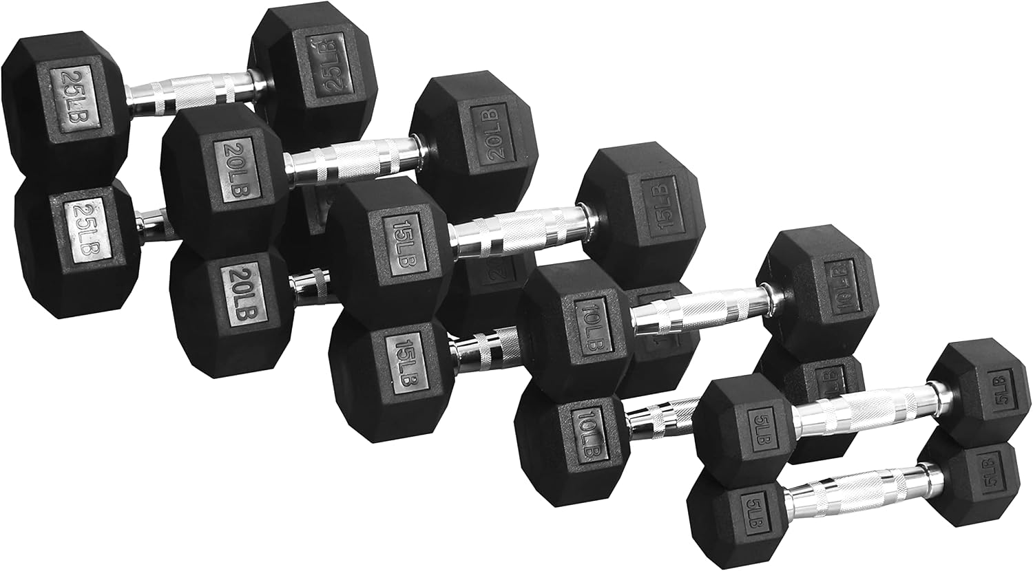 Signature Fitness Rubber Encased Hex Dumbbell, Set Including 5, 10, 15, 20, 25LB Pairs