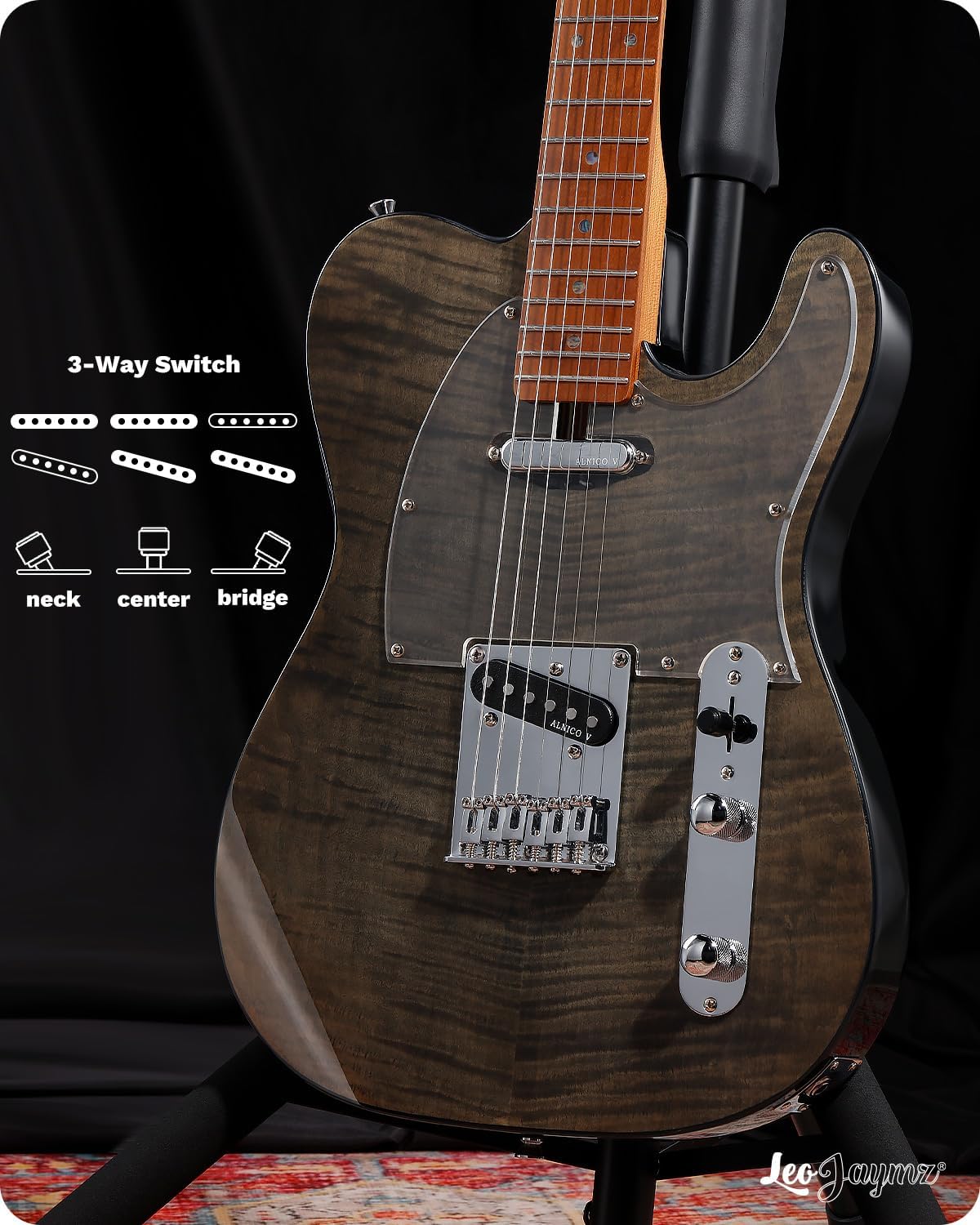 Leo Jaymz TL Electric Guitar - Flame Maple Top, Mahogany Body, Maple Neck - Alnico V Pickups - Solid Choice for Beginners & Intermediate Players (Black Flame)