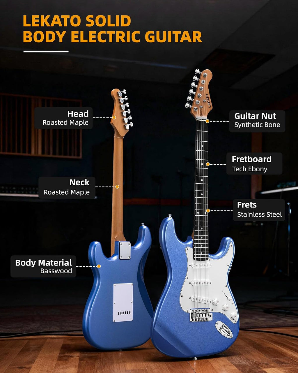 LEKATO Beginner Electric Guitar Kit 39 Inch Full Size Solid Body Guitar SSS for Starter Roasted Maple Neck Stainless Steel Frets, 5w Plug-in Amp, Bag, Tuner, Capo, Strap, Picks, String, Cable - Blue