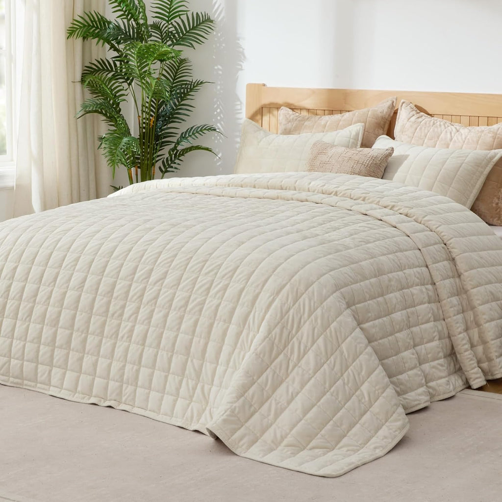 BEDELITE Velvet Quilt Set Oversized California King- Luxury Velvet Comforter Bedding Set 3 Pieces, Soft Cozy Cream White Oversized Bedspread Coverlet for All Seasons with 2 Pillow Shams