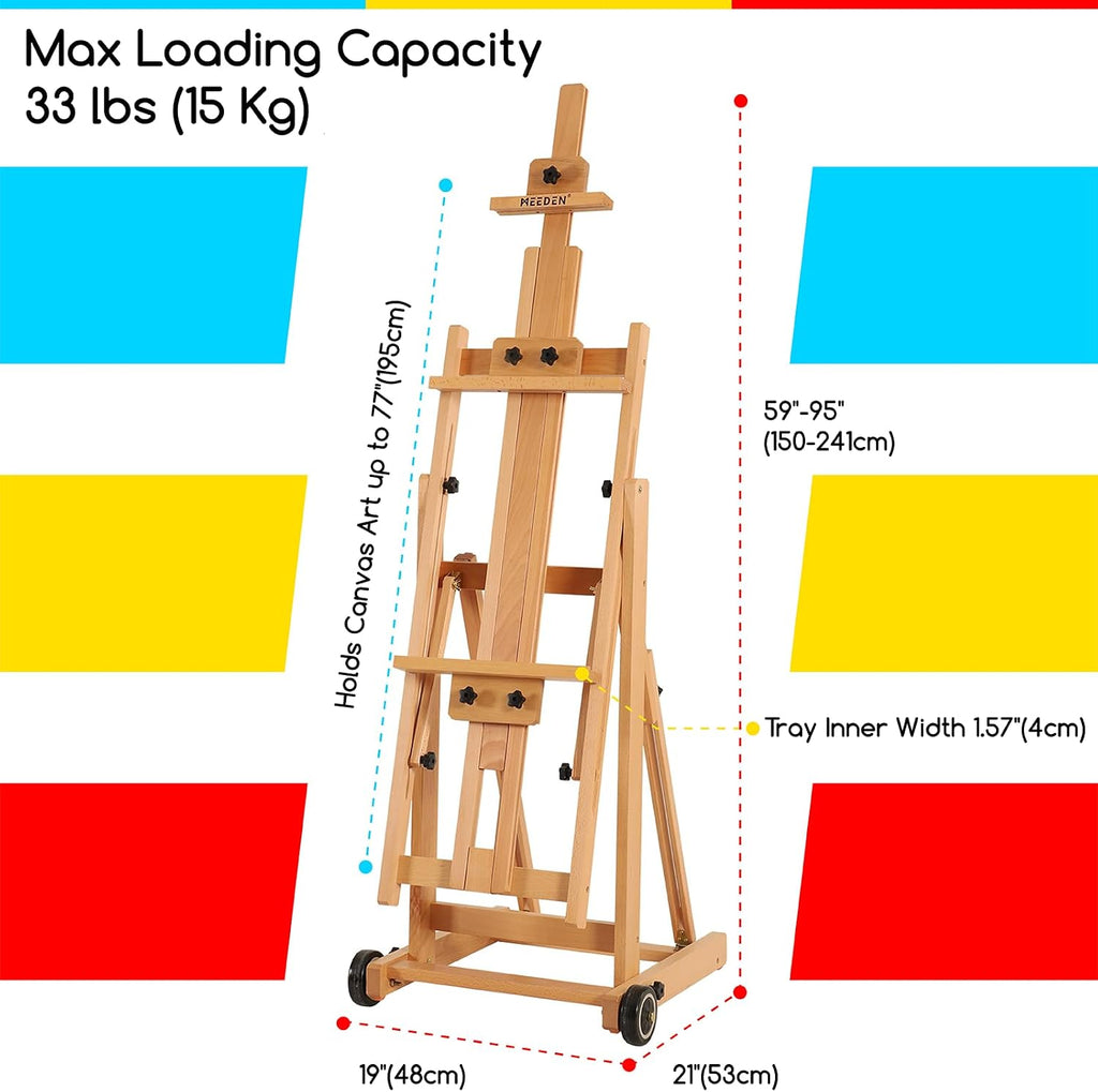 MEEDEN Versatile Studio H-Frame Easel - All Media Adjustable Beech Wood Studio Easel, Painting Floor Easel Stand, Movable and Tilting Flat Available, Holds Canvas Art up to 77'