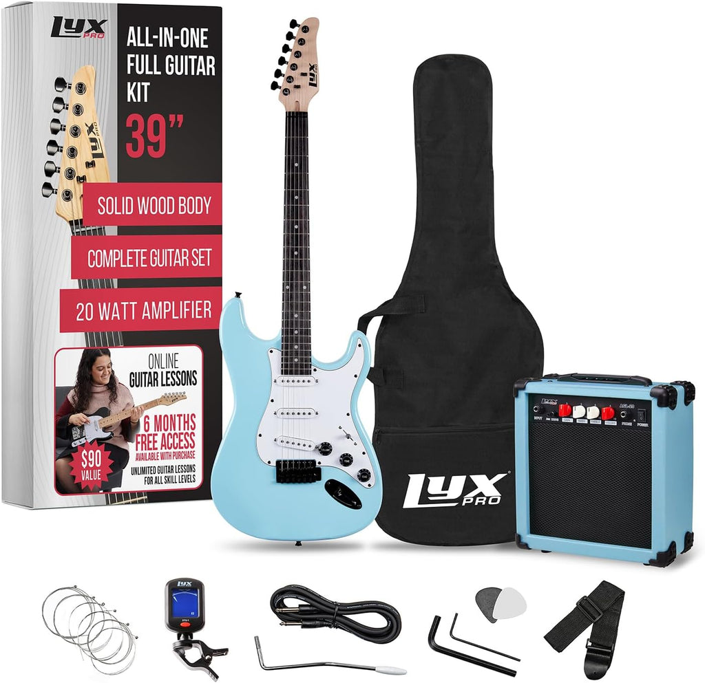 LyxPro 39 inch Electric Guitar Kit Bundle with 20w Amplifier, All Accessories, Digital Clip On Tuner, Six Strings, Two Picks, Tremolo Bar, Shoulder Strap, Case Bag Starter kit Full Size - Retro Blue
