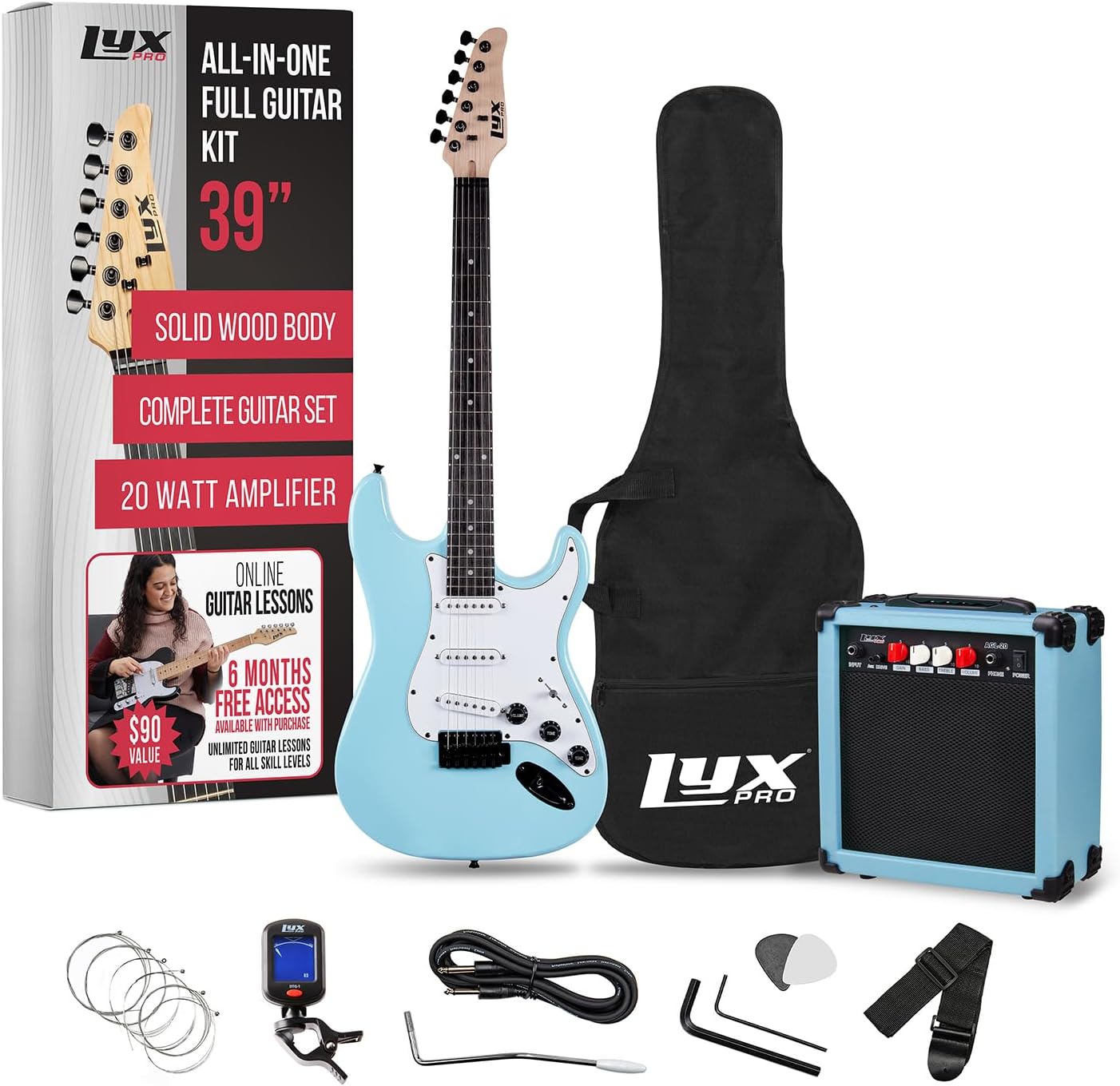 LyxPro 39 inch Electric Guitar Kit Bundle with 20w Amplifier, All Accessories, Digital Clip On Tuner, Six Strings, Two Picks, Tremolo Bar, Shoulder Strap, Case Bag Starter kit Full Size - Retro Blue